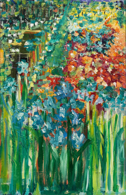 An expressive, colorful oil painting of a lush garden scene with blue irises, red and orange flowers, and green foliage, shown on a canvas against a plain light background.